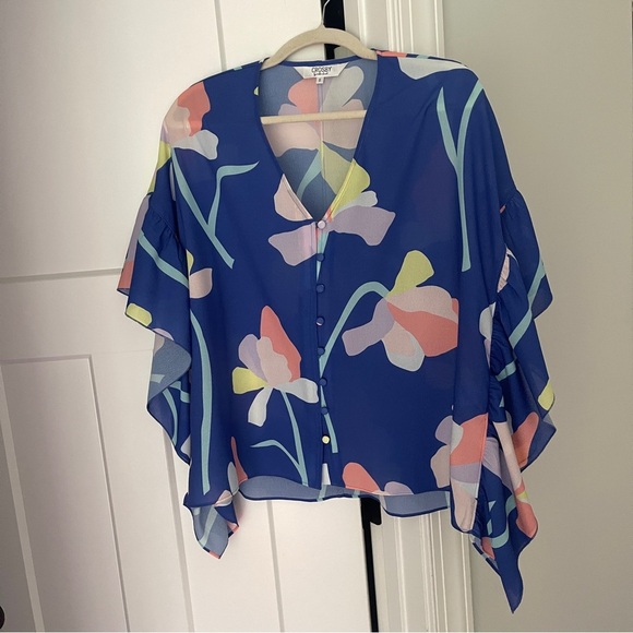 Crosby by Mollie Burch Blue Floral Ruffle Blouse - Picture 1 of 4